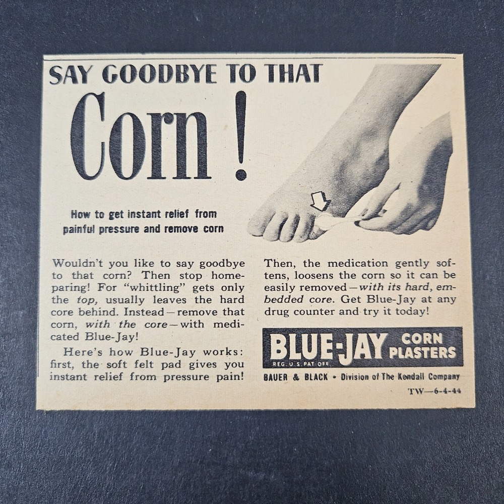 1944 Blue-Jay Corn Plasters Treatment Vintage Print Ad Bauer & Black Kendall Co